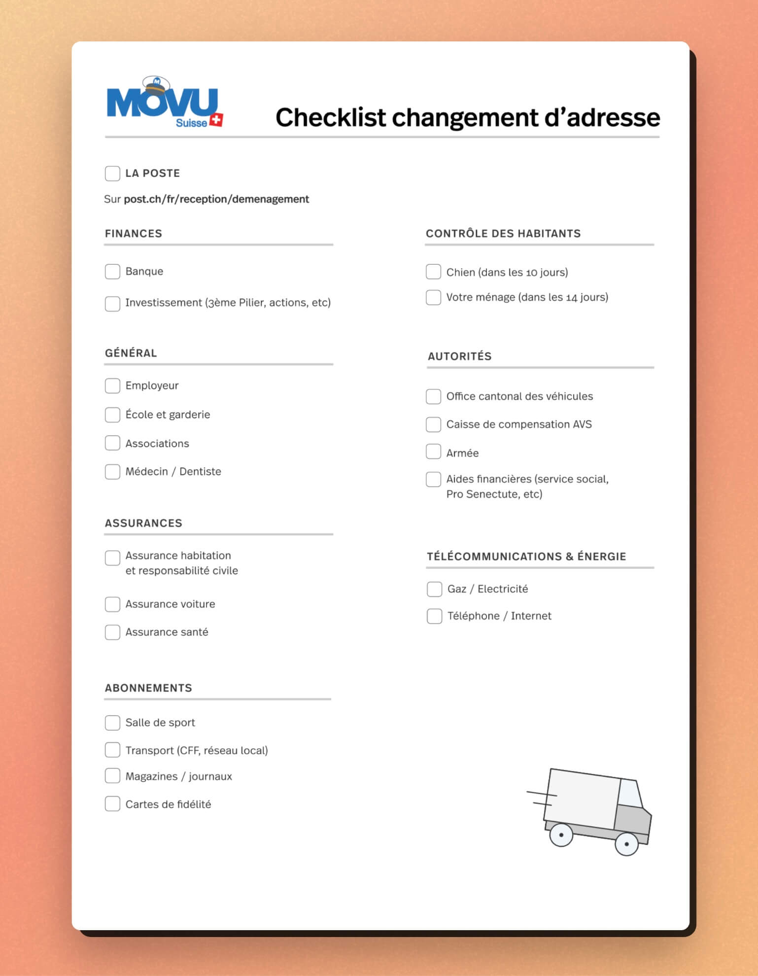 Changement d'adresse pour le déménagement : Téléchargez votre checklist
